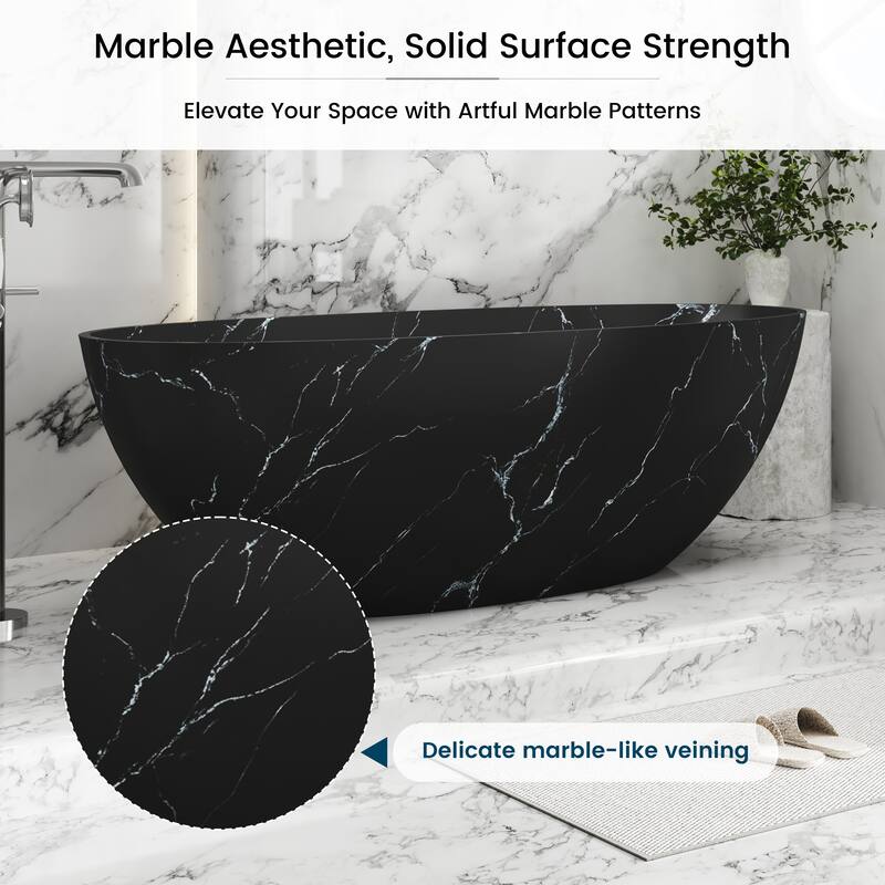 65 in. x 30 in. Solid Surface Freestanding Soaking Bathtub in Matte Black with Royal Misty Marble Pattern, Center Drain