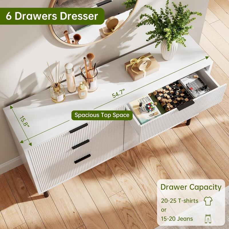 Fluted 6 Drawer Double Dresser for Bedroom Living Room Hallway