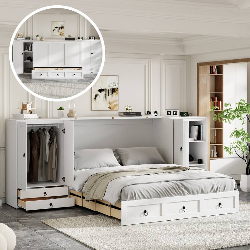Queen Size Solid Wood Murphy Bed with Charging Station, Built-In Wardrobes, Drawers, and Foldable Cabinet Design