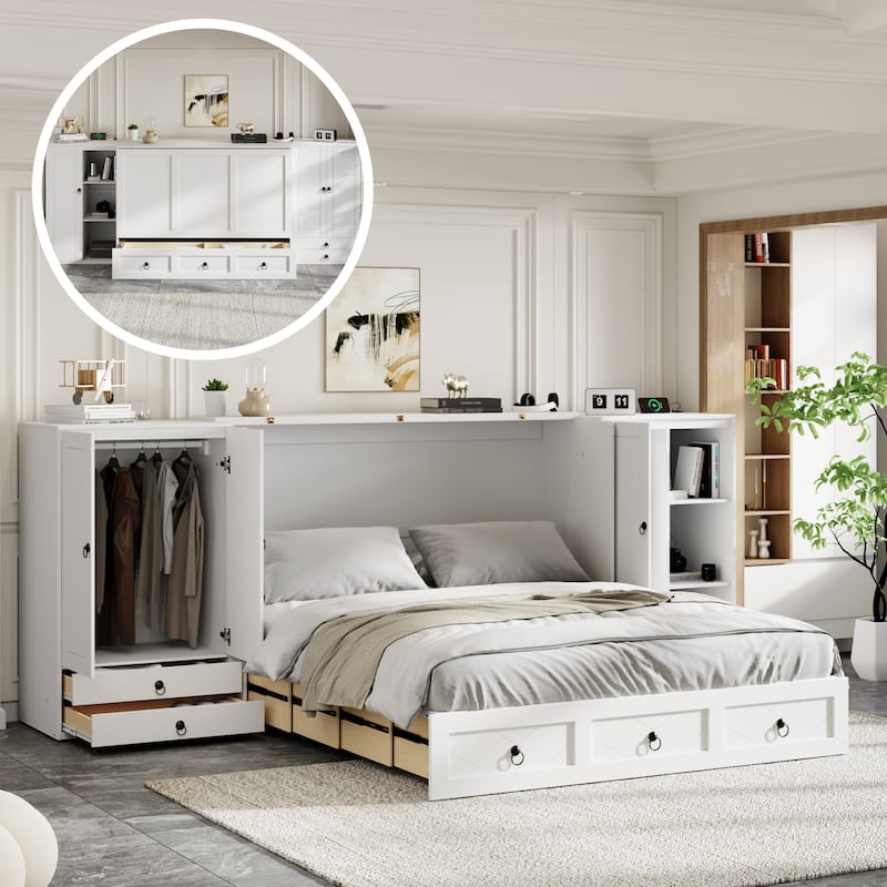 Queen Size Wood Hidden Murphy Bed with Storage Wardrobes and Drawer, Foldable Wall Bed with USB Charging Station & Dual Cabinet聽 - White - Queen