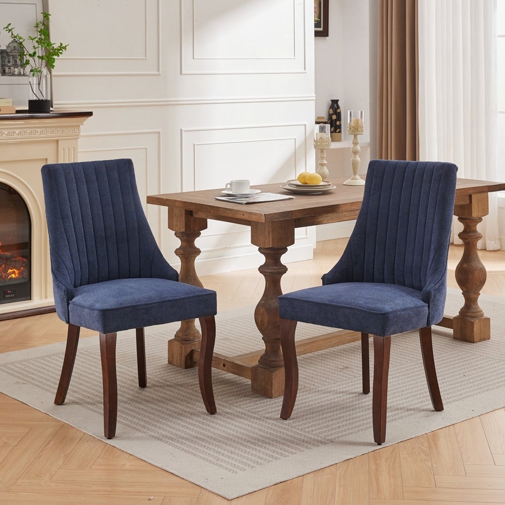 Linen Dining Chairs with Curved Solid Wood Legs Set of 2