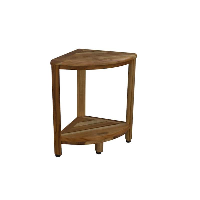 HomeRoots 17" Brown Teak Corner Shower Bench With Shelf - Natural Brown - 18" x 12" x 12"
