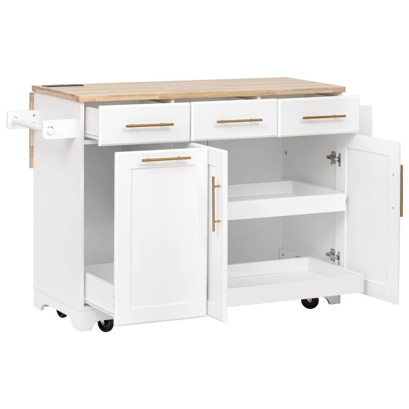 59.3" Rolling Kitchen Island with Storage 2 Pull Out Cabinet Organizers & Rubber Wood Drop Leaf,Trash Can Storage,Power Outlet - White