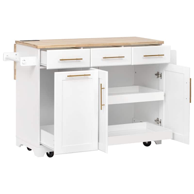 Rolling Kitchen Island Cart with 2 Pull Out Cabinet Organizers, Drop Leaf, Trash Can Storage, Power Outlet, Spice, Towel Rack