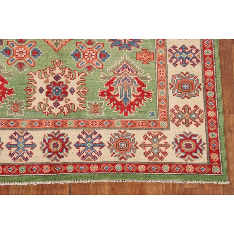 Traditional Green Kazak Oriental Area Rug Hand-Knotted Wool Carpet - 4'11" x 6'9"