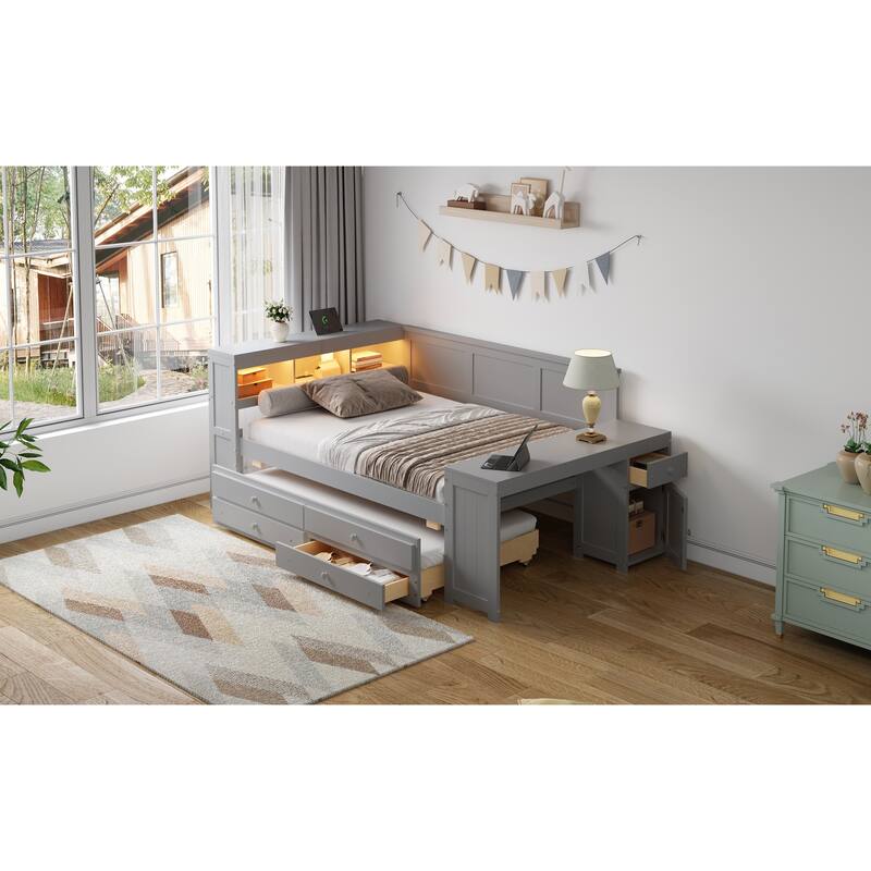 Full Size Daybed with Storage Shelves, Drawers, Trundle, Charging Station, LED Light, Desk and Cabinet