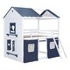 preview thumbnail 5 of 14, Playhouse Design Full over Full Wood Bunk Bed with Elegant and Elaborated Windows, Sills and Tent, Space-saving, Blue+White