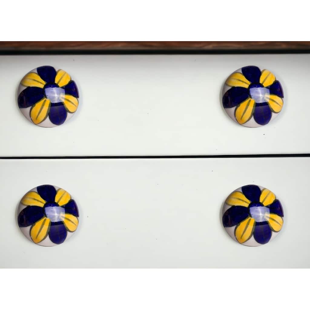 HomeRoots Set of Twelve Blue And Yellow Floral Ceramic Drawer Pull Knobs - 1.5" x 1.5" x 1.5"