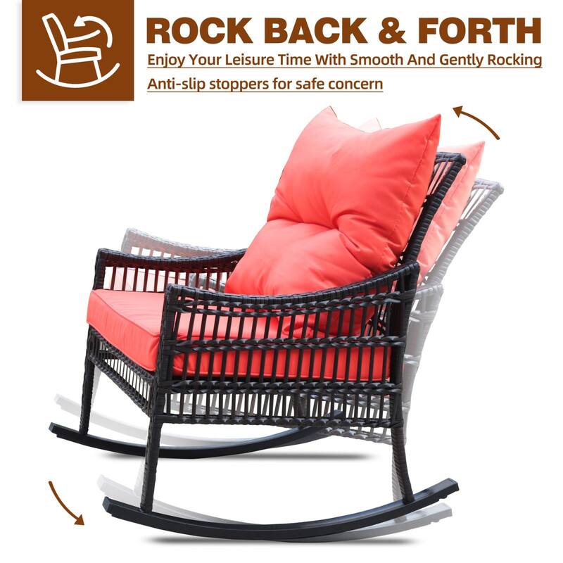 VEIKOUS 3-Piece Outdoor Wicker Patio Porch Rocking Chair and Rattan Coffee Table Set with Cushions and Pillows