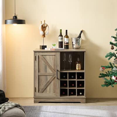Roomfitters Farmhouse Coffee Bar Cabinet Bar Cabinet with Wine Rack Barn Door Buffet Sideboard Cabinet with Drawer