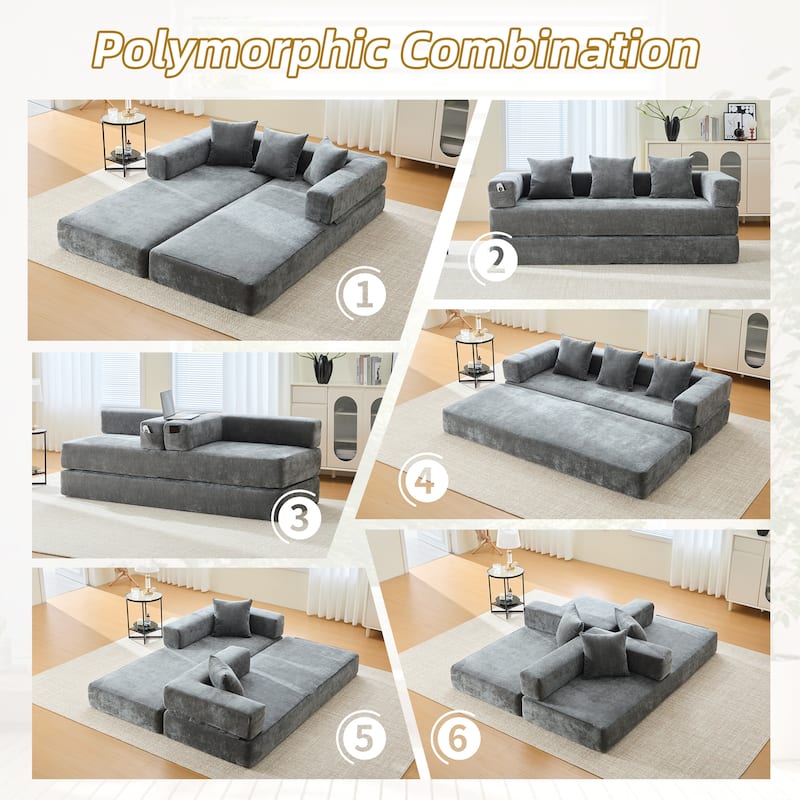 HOMEFUN Chenille Upholstered Convertible Foldable Memory Foam Sleeper Sofa with Pillows for Living Room
