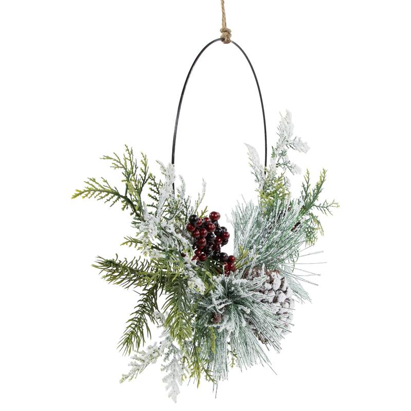Mixed Foliage Frosted Pinecones Berries Artificial Wreath 16"
