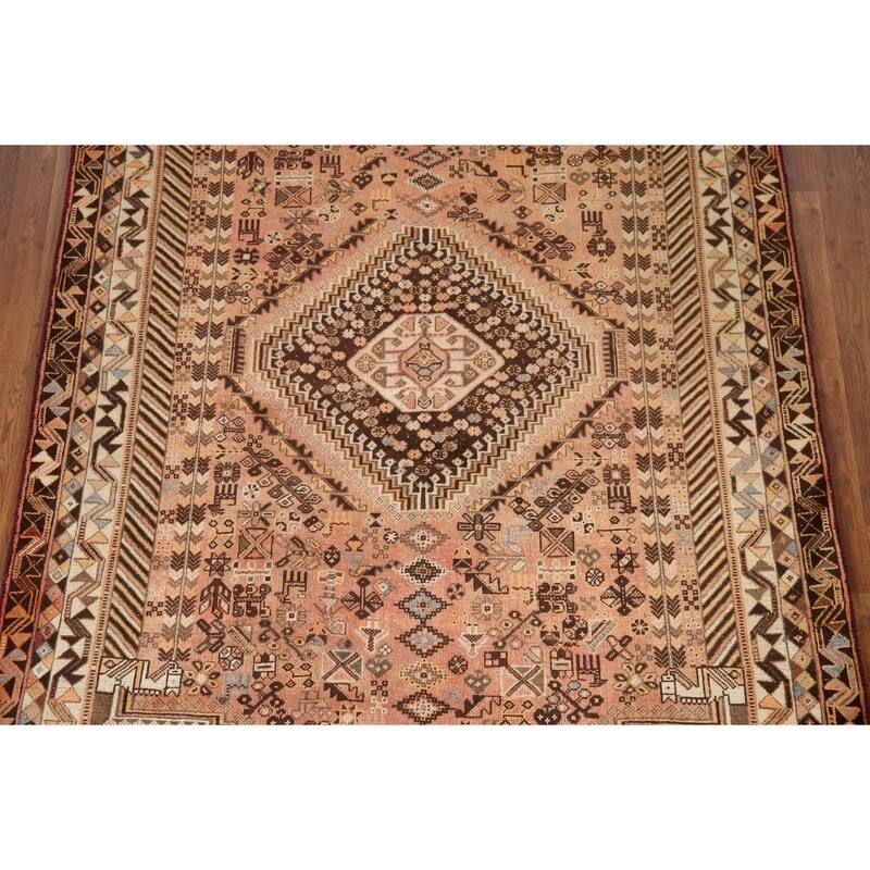 Hand Knotted Oriental 100% Wool Carpet Traditional Tribal Peach Shiraz Area Rug - 8' 7'' X 5' 6''