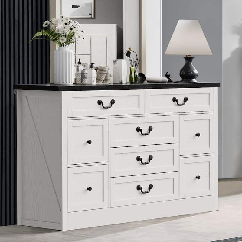 54" Farmhouse 9 Drawer Dresser with Charging Station, Wide Wood Dresser, Vintage Dressers TV Stand - black