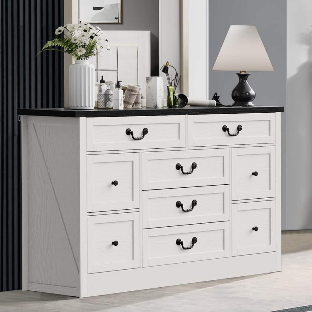 54" Farmhouse 9 Drawer Dresser with Charging Station, Wide Wood Dresser, Vintage Dressers TV Stand