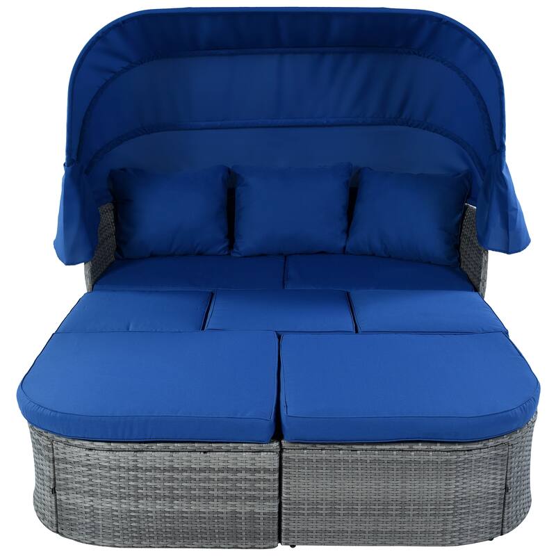 6-Pieces Outdoor Patio Rattan Round Daybed Sunbed Set with Retractable Canopy and Lift Table