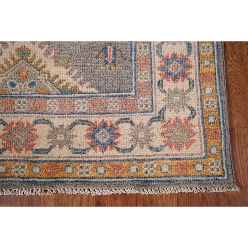 Grey Geometric Kazak Runner Rug Handmade Wool Carpet - 2'10" x 9'10"