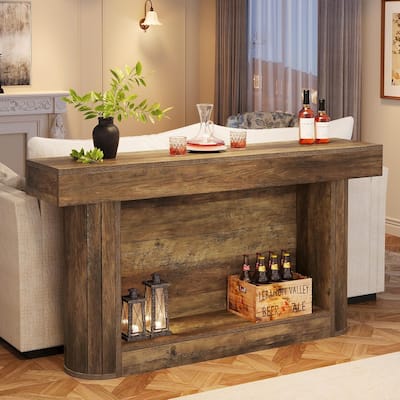 63 Inches Brown Wood Farmhouse Console Table, 2-Tier Narrow Entryway Table for Hallway, Living Room