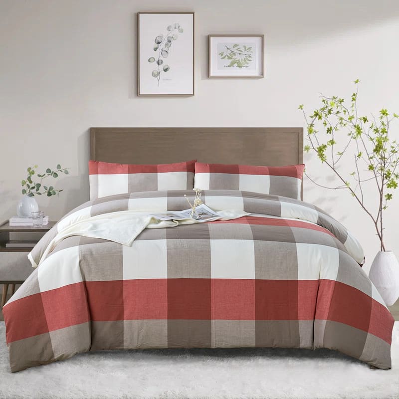 Cotton Plaid Windowpane Check 3-piece Duvet Cover Set