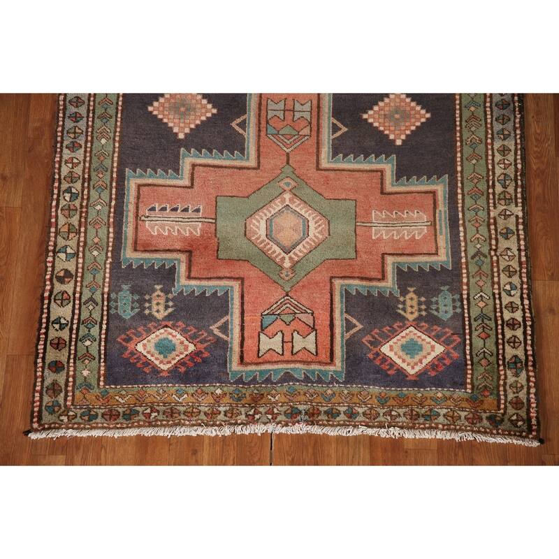 Blue Ardebil Persian Vintage Runner Rug Hand-Knotted Wool Carpet - 4'1"x 9'11"