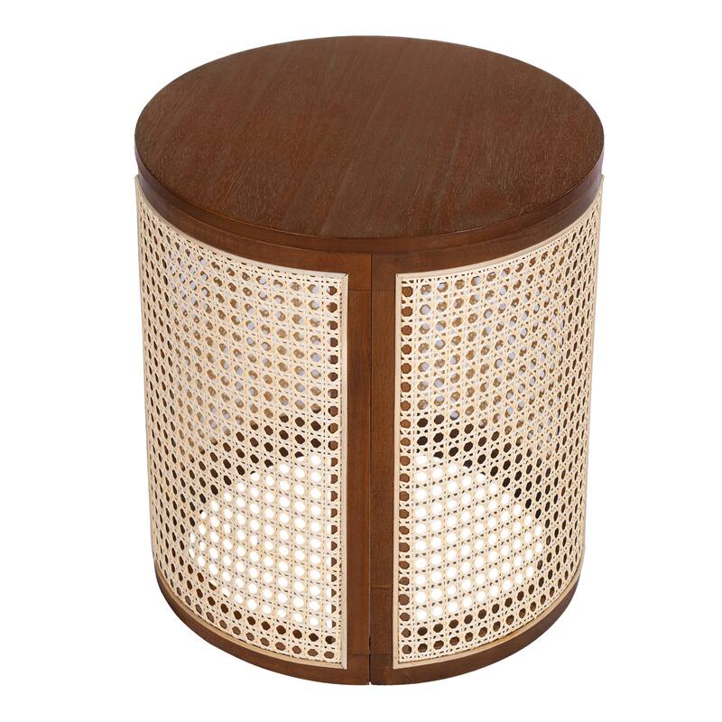 Roomfitters 15.7" Round End Table, Modern Hollow Woven Side Table with Solid Rubber Wood Tabletop and Rattan Accents