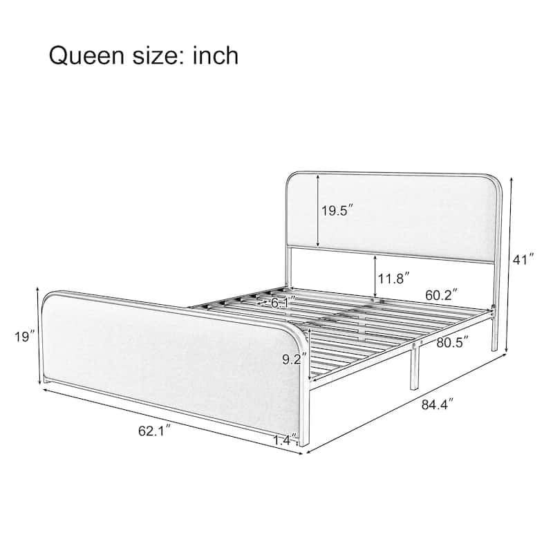 Linen Upholstered Bed Metal Platform Bed Frame with Storage Underneath, Safety Rounded Corners Design Headboard and Footboard