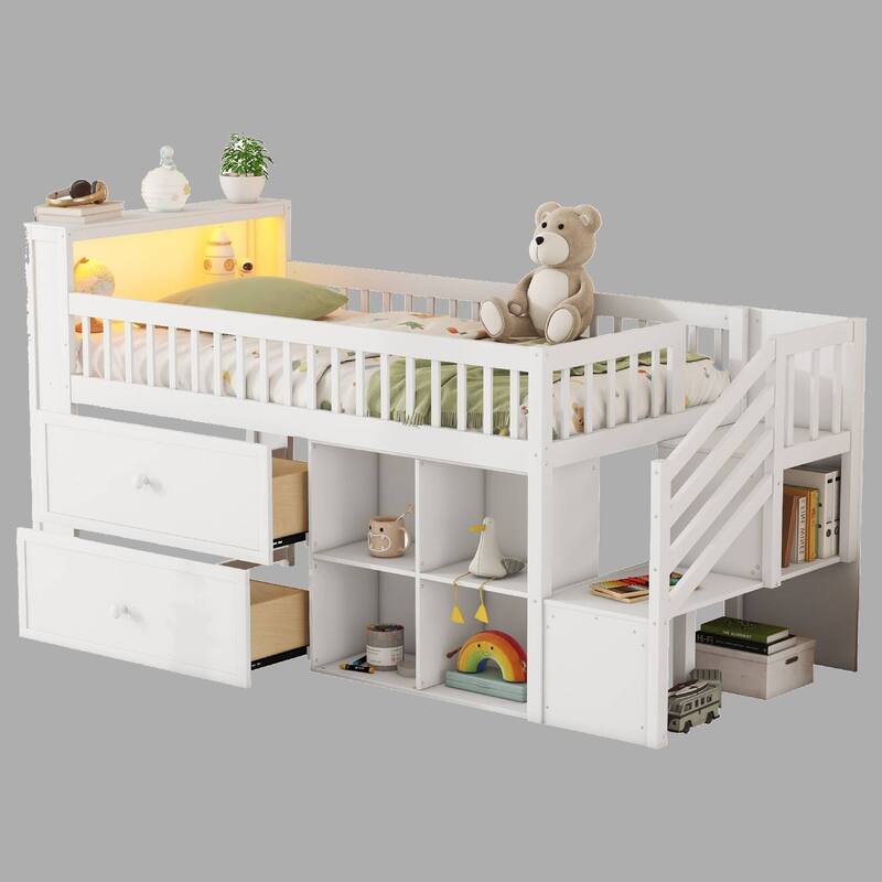 Kids Twin Loft Bed with LED, Staircase, Storage Drawers & Shelves, Solid Wood Frame - Safe & Functional - White - Twin