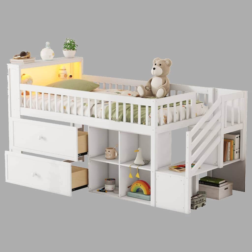 Kids Twin Loft Bed with LED, Staircase, Storage Drawers & Shelves, Solid Wood Frame - Safe & Functional