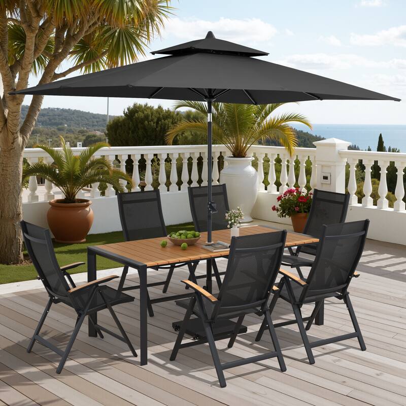 9/11-Piece Outdoor Patio Dining Set Aluminum Dining Table and Chairs w/10 ft Market Umbrella and Base with Wheels
