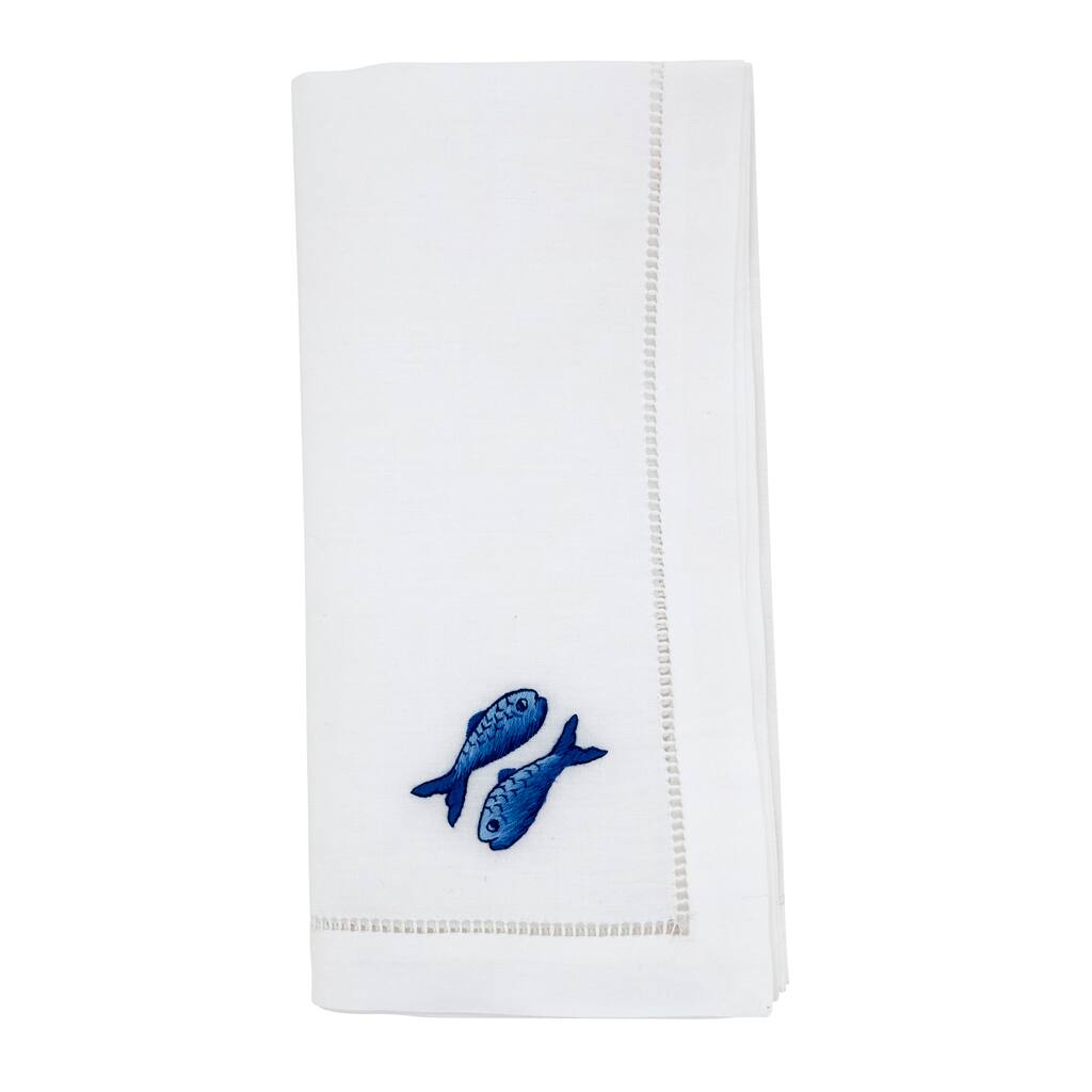 Embroidered Double Fish Cotton Napkins (Set of 6) - Hemstitch Border with Coastal-Inspired Motif, 20"x20"