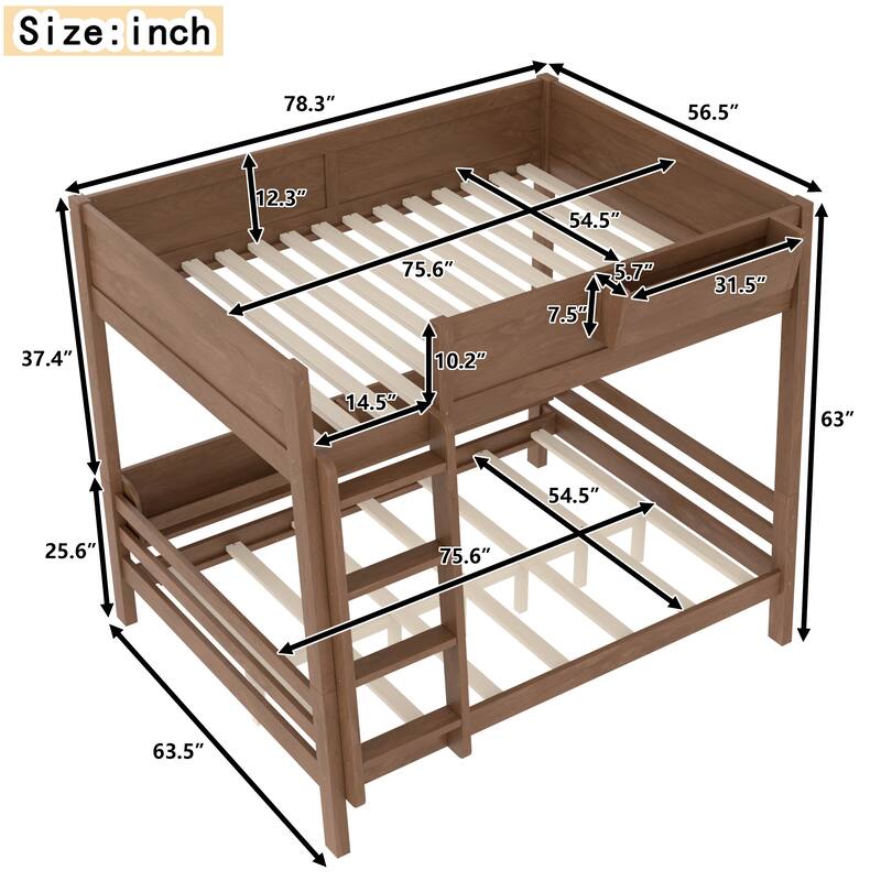 Full Bunk Bed With Storage Shelf and Bookshelf,Wood Bunk Bed with Ladder and Guardrails,Detachable Design