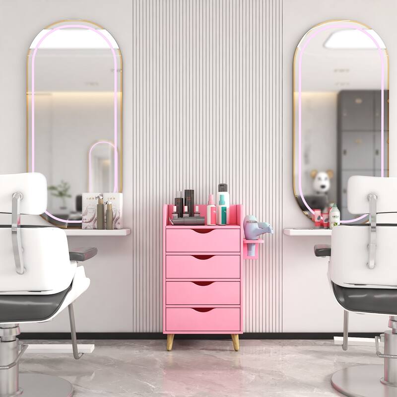 4 -Layer Salon Storage Cabinet,Beauty Barber Salon Styling Station Organizer Equipment,4 Drawers and Raised Table Legs - Pink