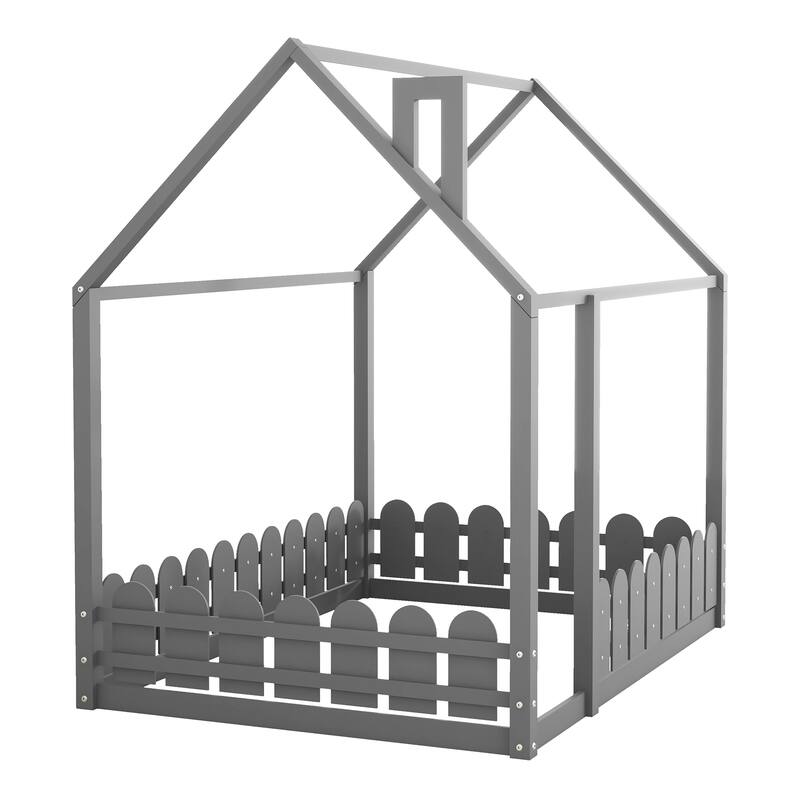 Full Size Wooden House Bed Frame with Roof and Fence for Kids and Teens
