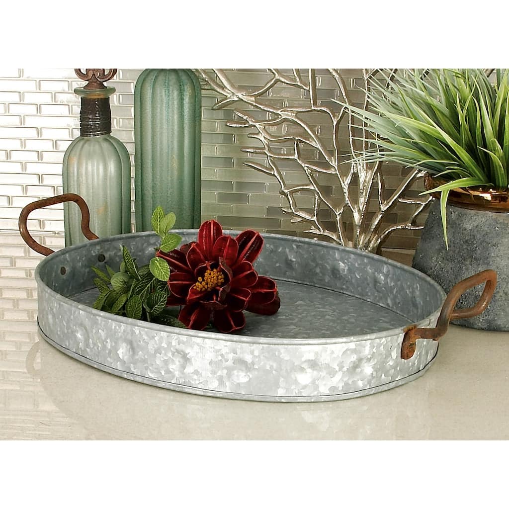 Gray Metal Galvanized Oval Living Room Decor Tray with Rust Handles (Set of 3)