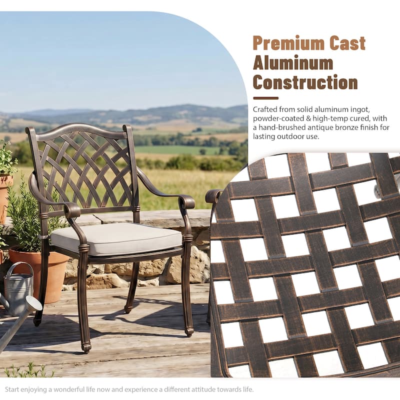 Outdoor Dining Chairs Bronze Cast Aluminum French European Inspired Design with Cushion Set of 2