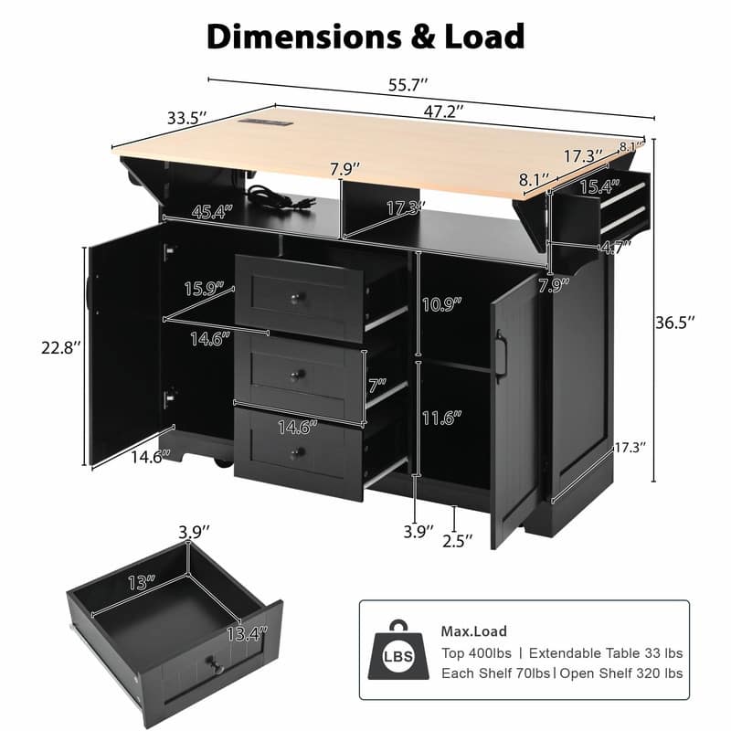 55.7" Rolling Kitchen Island with Double Drop Leaf, Power Outlet, 3 Drawers, Spice & Towel Rack, Folding Dining Table Cart