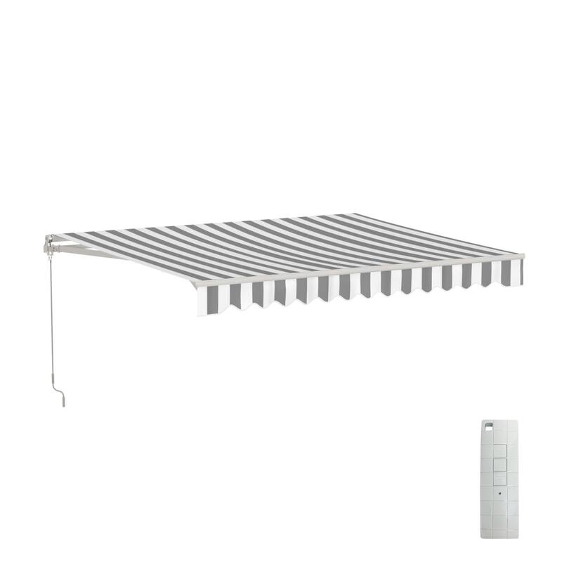 ALEKO Caribbean Motorized Patio Awning - White Frame - Seagull Gray & White Striped - 10 x 8 Feet