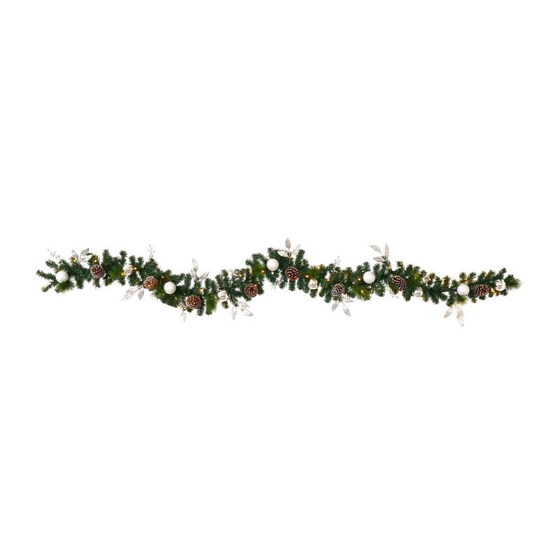 9’ x 10" Ornament and Pinecone Artificial Christmas Garland, Clear LED