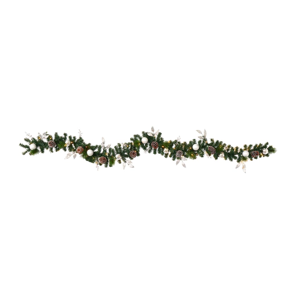9’ x 10" Ornament and Pinecone Artificial Christmas Garland, Clear LED