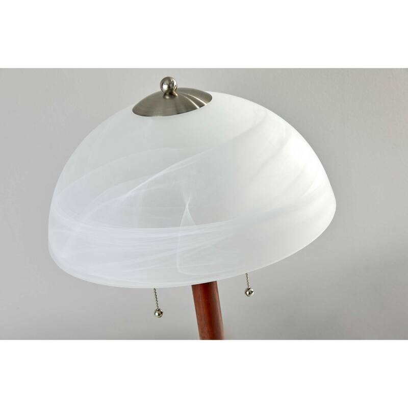 Brown Walnut Wood and Silver Metal Table Lamp with White Glass Dome Shade - 13.5” x 13.5” x 22.5” (D x W x H)