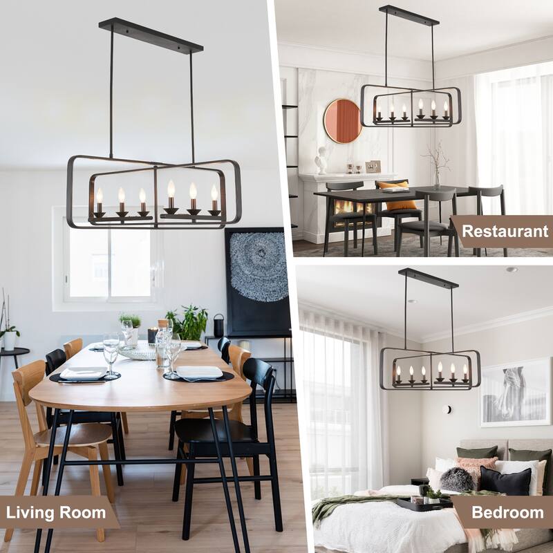 CurveCurio 42" Modern Matte Black Flush Mount Adjustable Dining Light, 6-Lights Fixture with Two Dwonrod for Dining Room