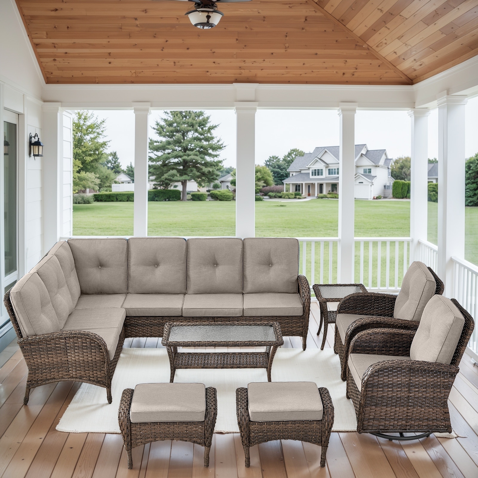 Patio Sectional Sofa with Swivel Chairs Ottomans Set