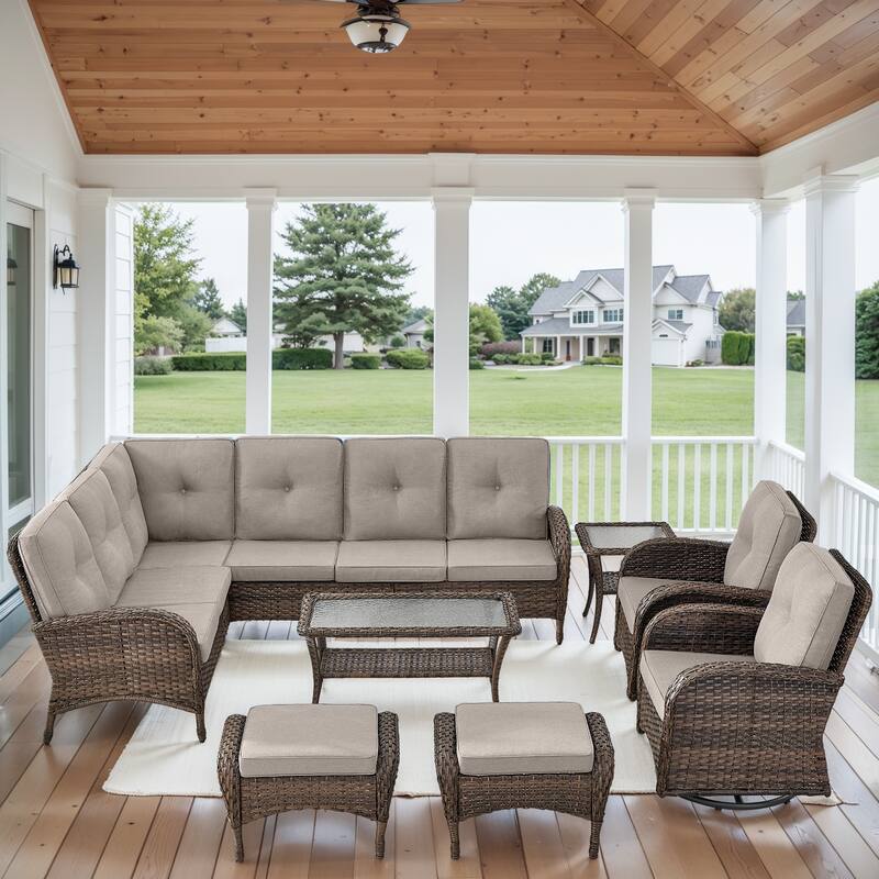 Patio Sectional Sofa with Swivel Chairs Ottomans Set - Brown - Beige
