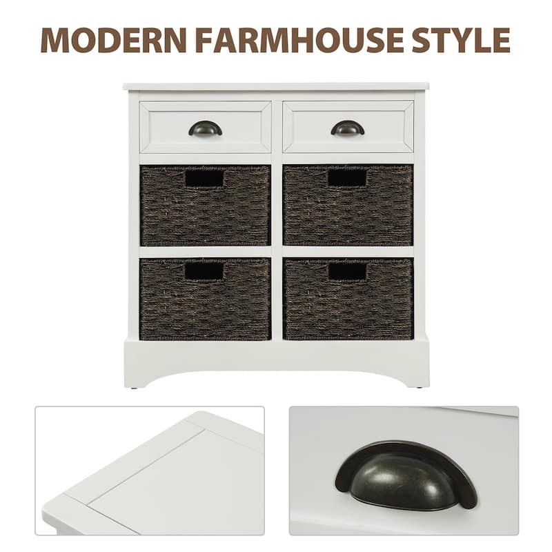 Hand-Woven Wicker Baskets Storage Cabinet, Entryway Table with 2 Aluminum Handle Drawers, Bottom Rubber Pad Sideboards