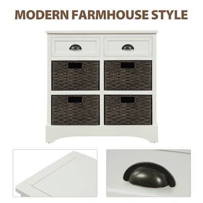 Rustic Farmhouse Storage Cabinet with 2 Drawers & Rattan Basket for Living Room or Entryway