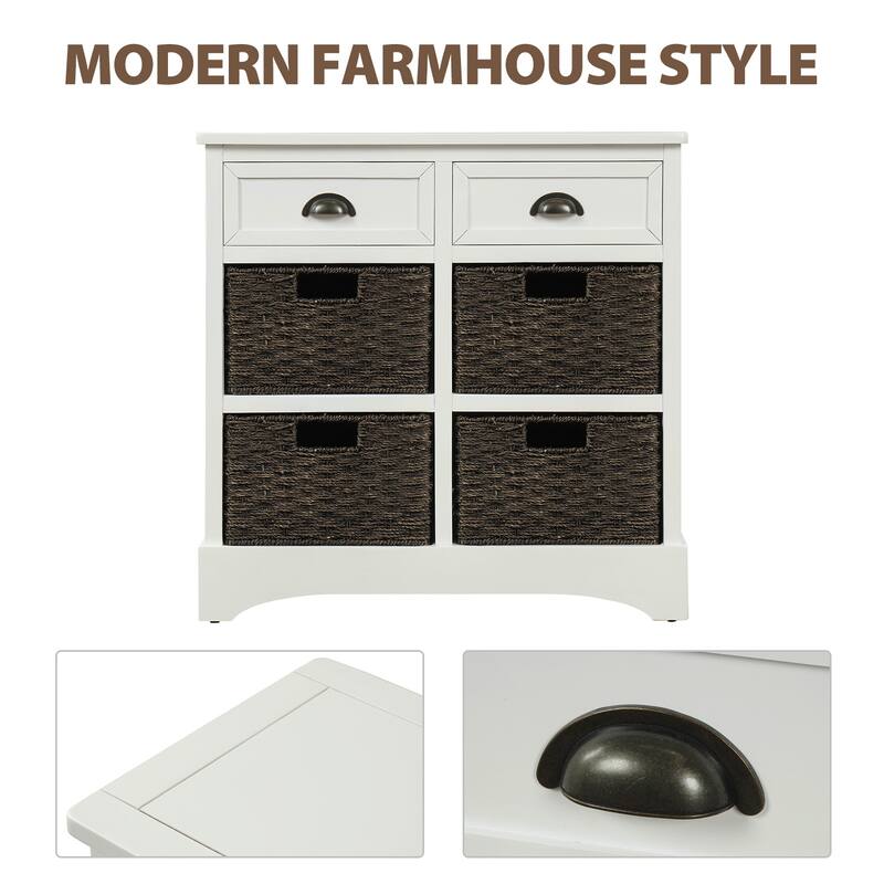 Rustic Storage Cabinet with Two Drawers and Four Classic Rattan Basket for Dining Room, Living Room