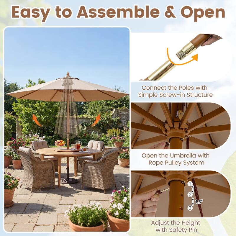 Gymax 9 FT Patio Umbrella w/Adjustable Height Rope Pulley Lift Vented