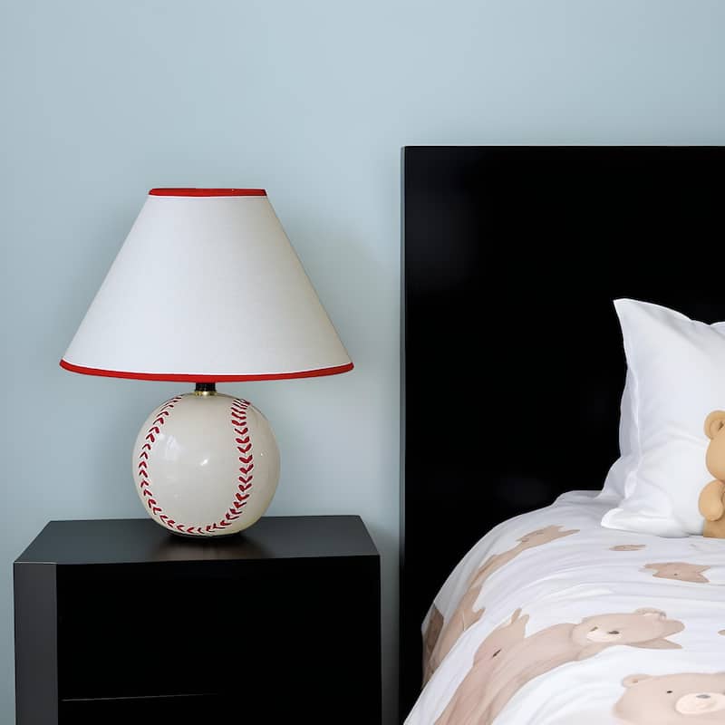 Sports Theme Table Lamp with Ceramic Base and Linen Empire Shade Cord Switch for Kids Room or Teen