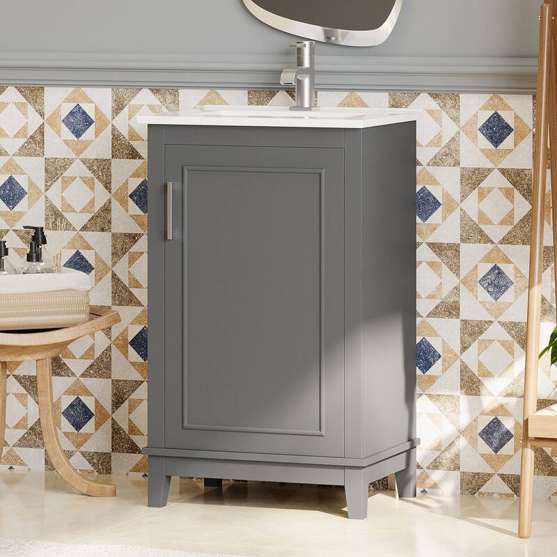 20 Inch Modern Small Bathroom Vanity Cabinet With Ceramic Basin,Ample Storage,1 Soft Close Doo
