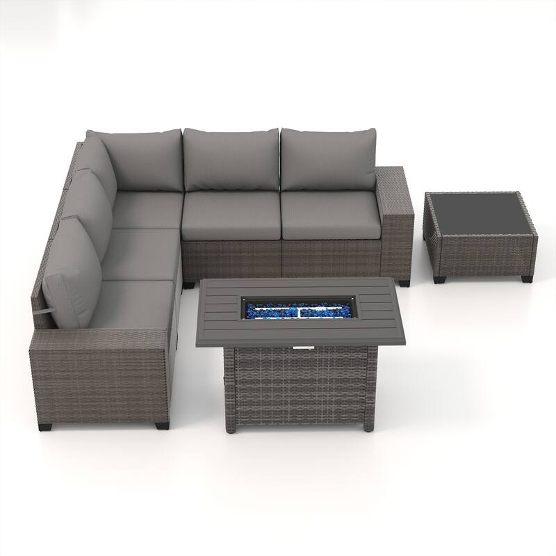 7-Piece 5 Person Patio Free Combination Wicker Conversation Set With Waterproof Cushions and Firepit Table